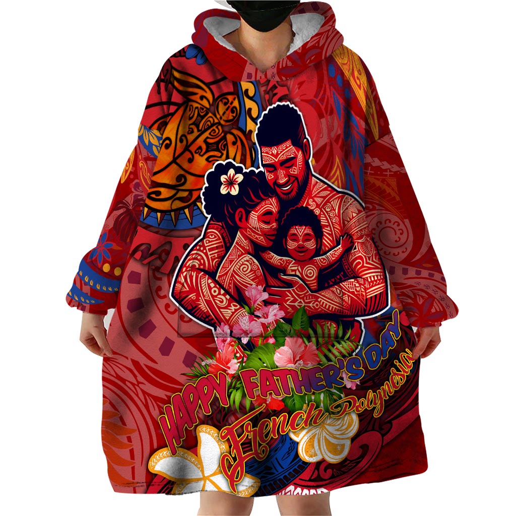 Happy Father's Day French Polynesia Wearable Blanket Hoodie Family Turtle Hibiscus