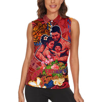 Happy Father's Day French Polynesia Women Sleeveless Polo Shirt Family Turtle Hibiscus