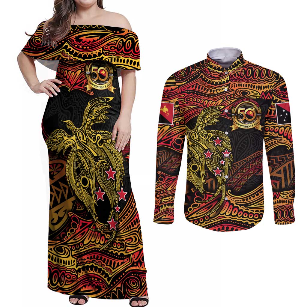 Papua New Guinea 50th Independence Day Couples Matching Off Shoulder Maxi Dress and Long Sleeve Button Shirt Culture Spirit and Sovereignty