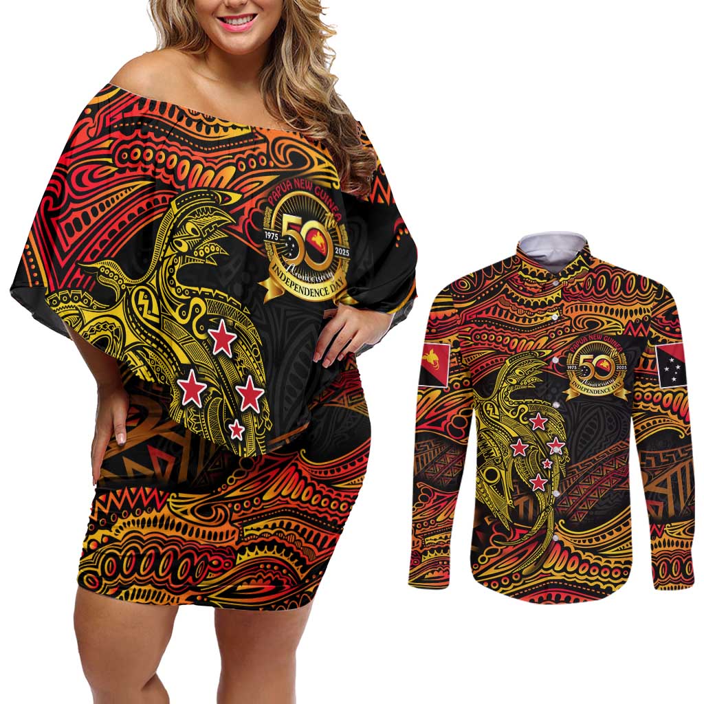 Papua New Guinea 50th Independence Day Couples Matching Off Shoulder Short Dress and Long Sleeve Button Shirt Culture Spirit and Sovereignty