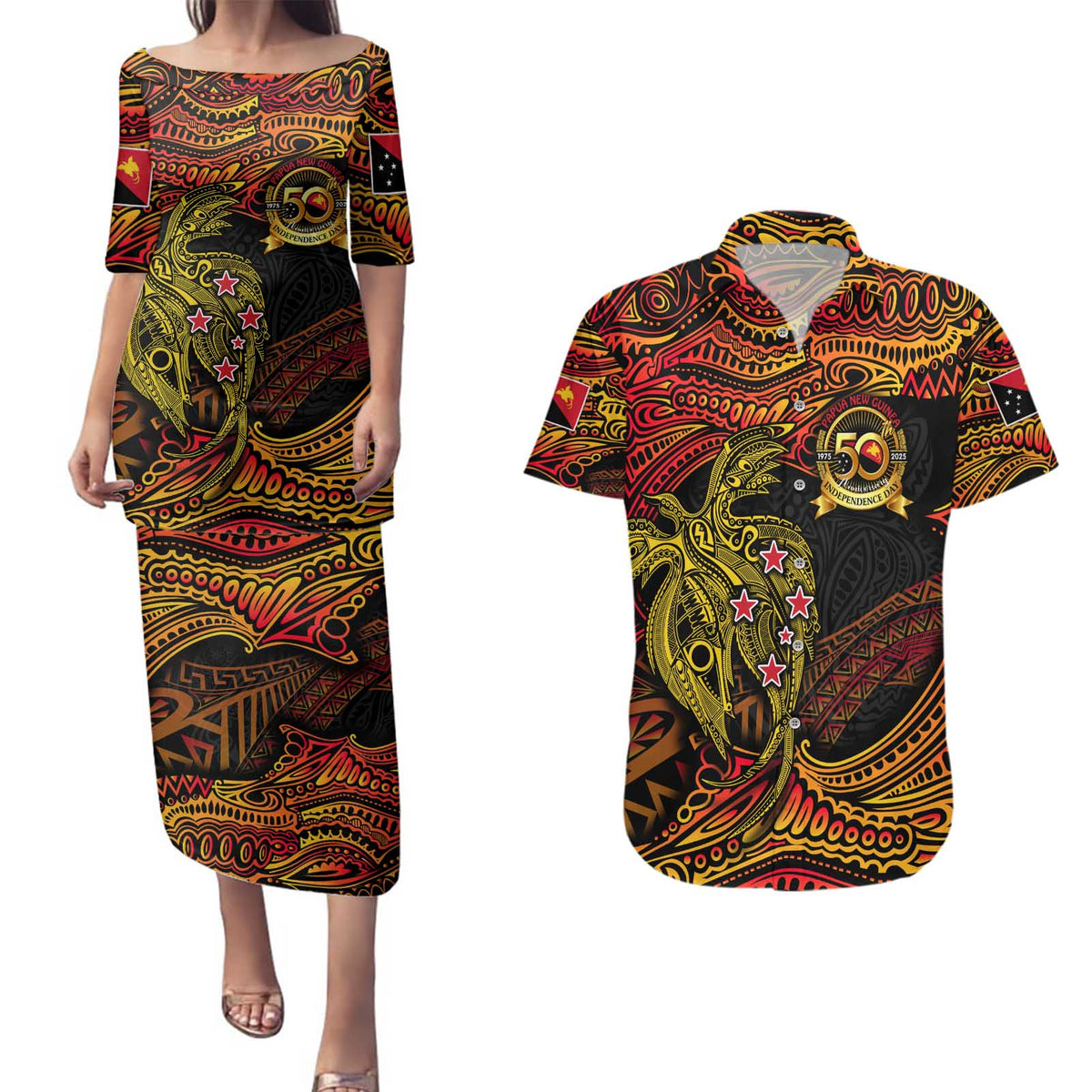 Papua New Guinea 50th Independence Day Couples Matching Puletasi and Hawaiian Shirt Culture Spirit and Sovereignty