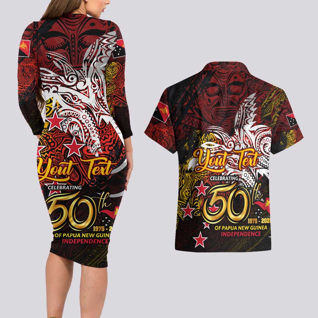 PNG 1975 - 2025 Couples Matching Long Sleeve Bodycon Dress and Hawaiian Shirt Papua New Guinea 50th Independence Anniversary