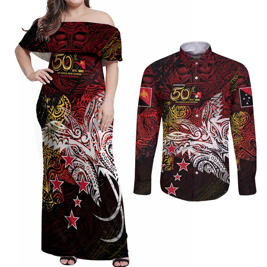 PNG 1975 - 2025 Couples Matching Off Shoulder Maxi Dress and Long Sleeve Button Shirt Papua New Guinea 50th Independence Anniversary