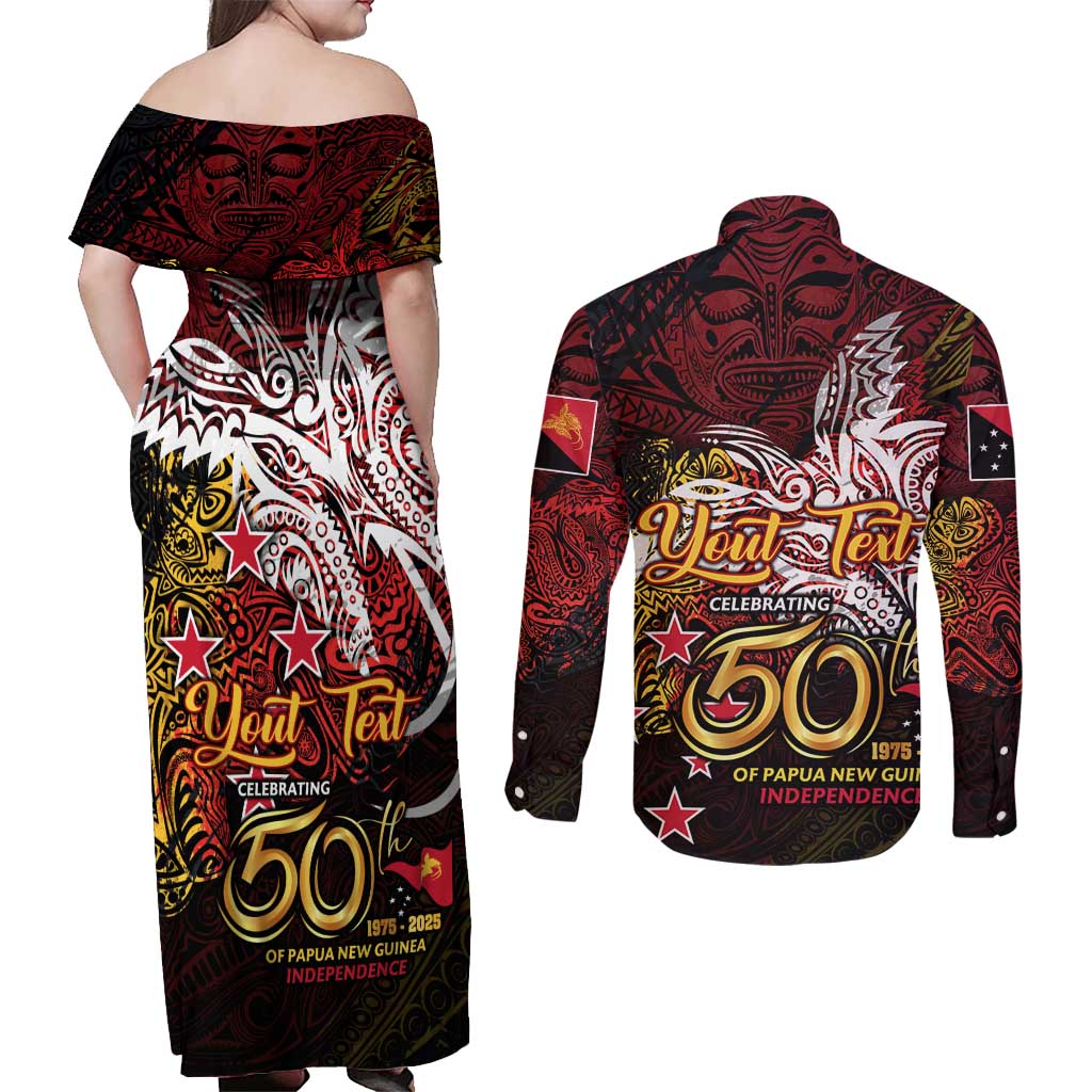 PNG 1975 - 2025 Couples Matching Off Shoulder Maxi Dress and Long Sleeve Button Shirt Papua New Guinea 50th Independence Anniversary