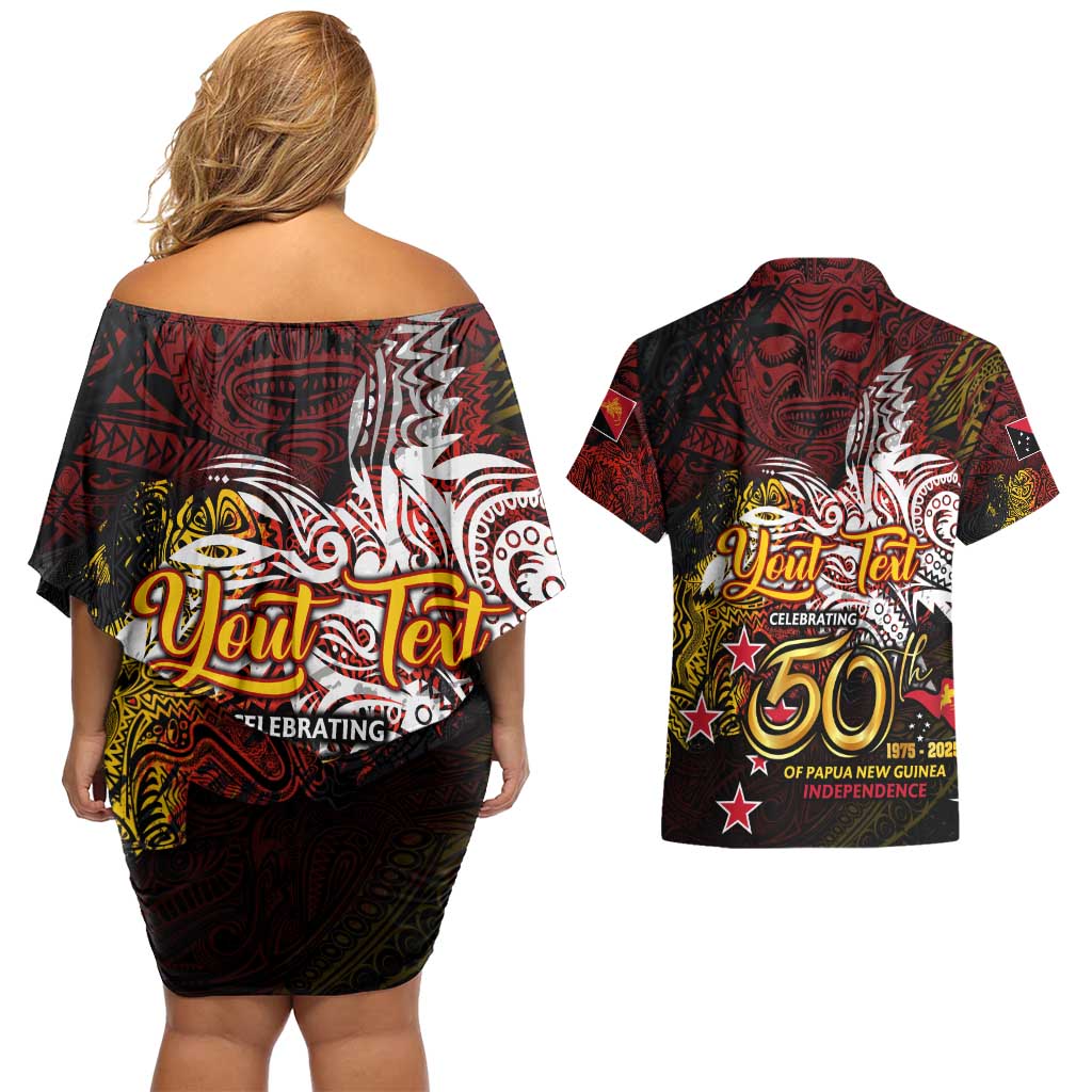 PNG 1975 - 2025 Couples Matching Off Shoulder Short Dress and Hawaiian Shirt Papua New Guinea 50th Independence Anniversary