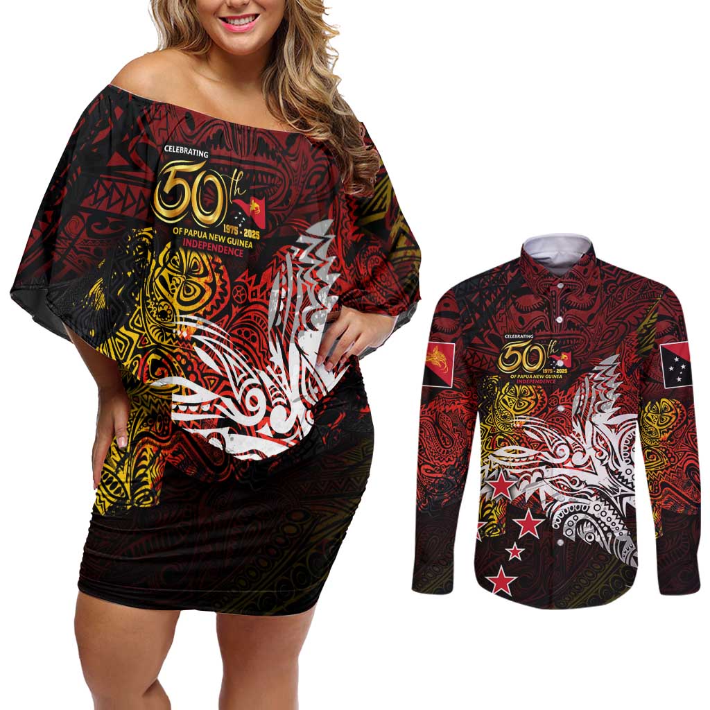 PNG 1975 - 2025 Couples Matching Off Shoulder Short Dress and Long Sleeve Button Shirt Papua New Guinea 50th Independence Anniversary