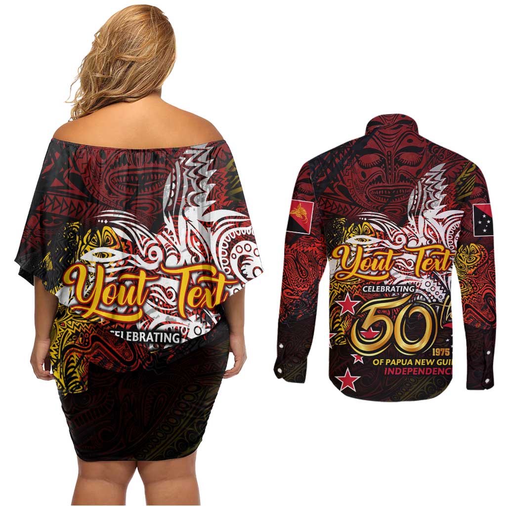 PNG 1975 - 2025 Couples Matching Off Shoulder Short Dress and Long Sleeve Button Shirt Papua New Guinea 50th Independence Anniversary