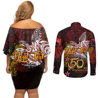 PNG 1975 - 2025 Couples Matching Off Shoulder Short Dress and Long Sleeve Button Shirt Papua New Guinea 50th Independence Anniversary