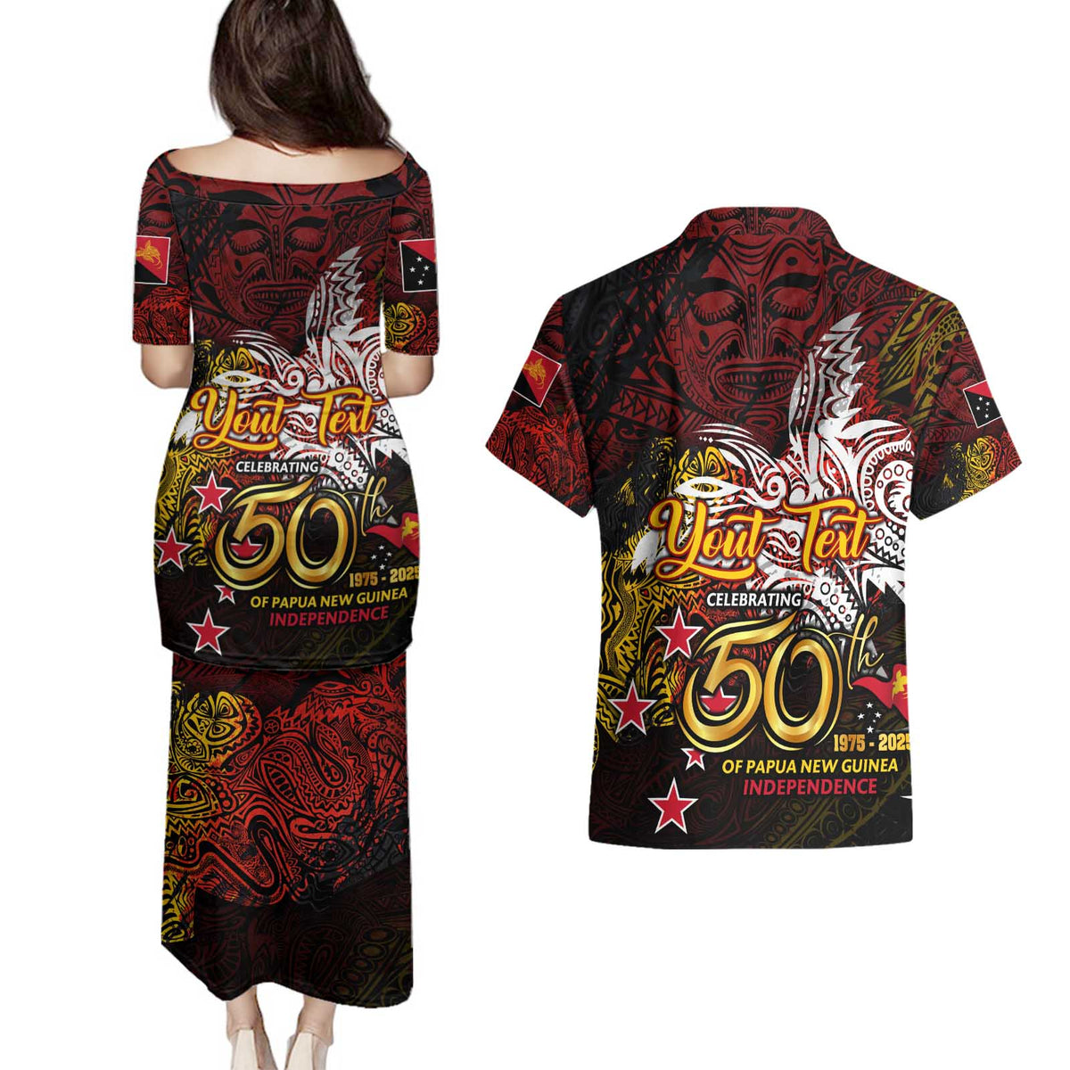 PNG 1975 - 2025 Couples Matching Puletasi and Hawaiian Shirt Papua New Guinea 50th Independence Anniversary