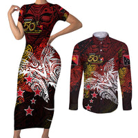 PNG 1975 - 2025 Couples Matching Short Sleeve Bodycon Dress and Long Sleeve Button Shirt Papua New Guinea 50th Independence Anniversary