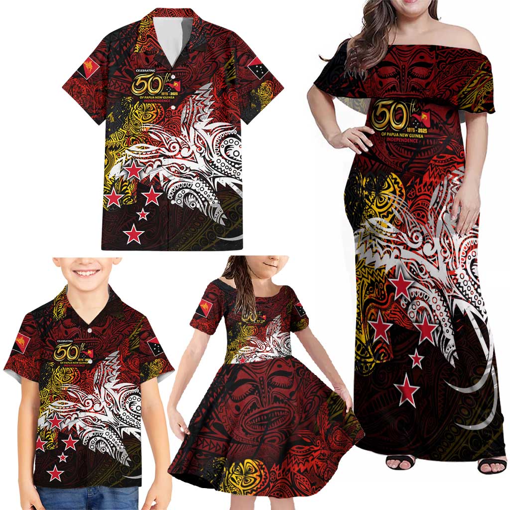 PNG 1975 - 2025 Family Matching Off Shoulder Maxi Dress and Hawaiian Shirt Papua New Guinea 50th Independence Anniversary