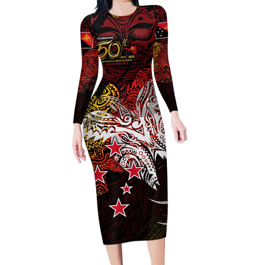 PNG 1975 - 2025 Long Sleeve Bodycon Dress Papua New Guinea 50th Independence Anniversary
