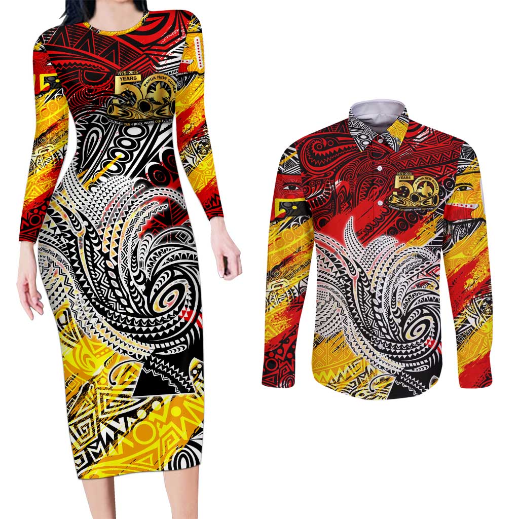 Papua New Guinea 50th Independence Day Couples Matching Long Sleeve Bodycon Dress and Long Sleeve Button Shirt Celebrate Our History, Inspire Our Future