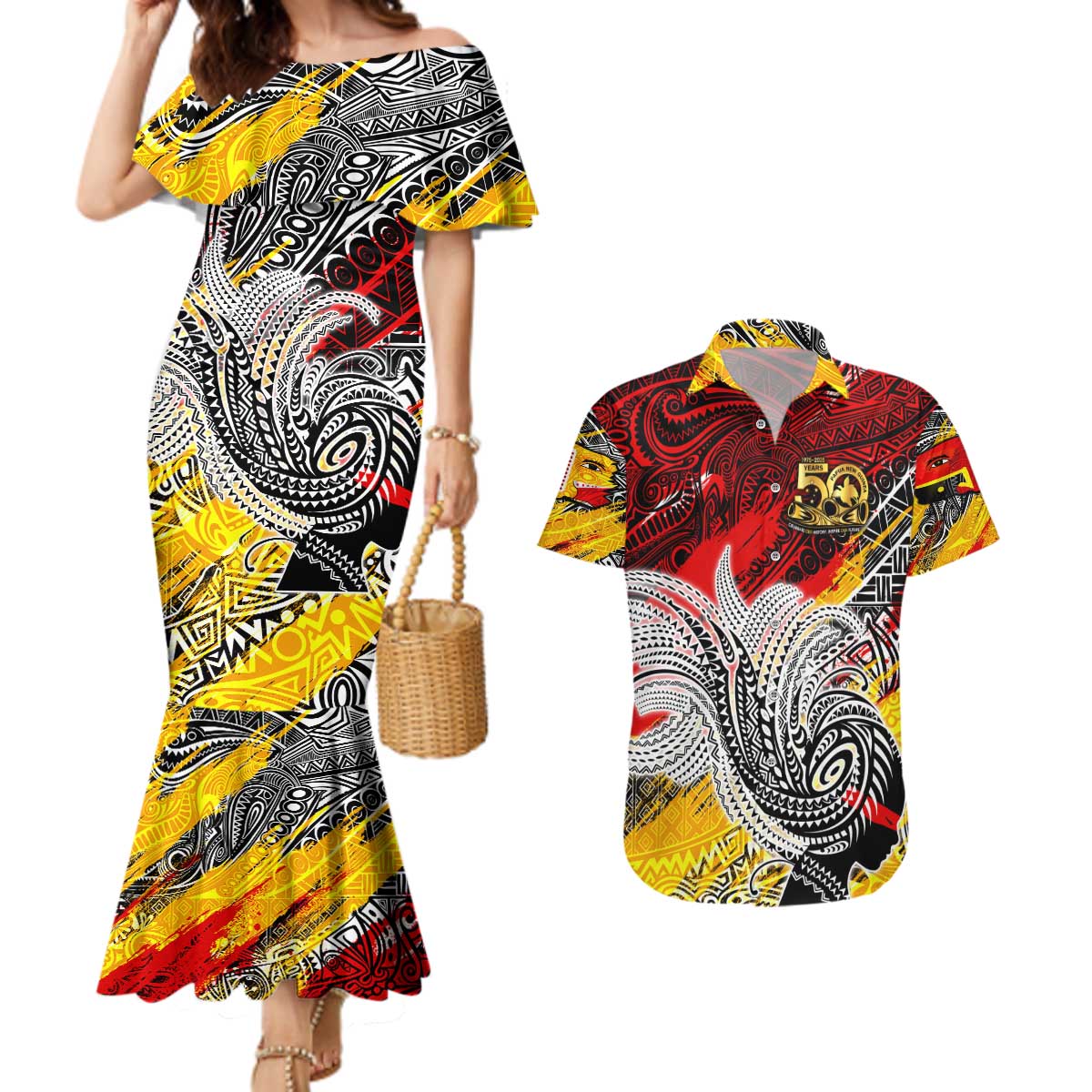 Papua New Guinea 50th Independence Day Couples Matching Mermaid Dress and Hawaiian Shirt Celebrate Our History, Inspire Our Future