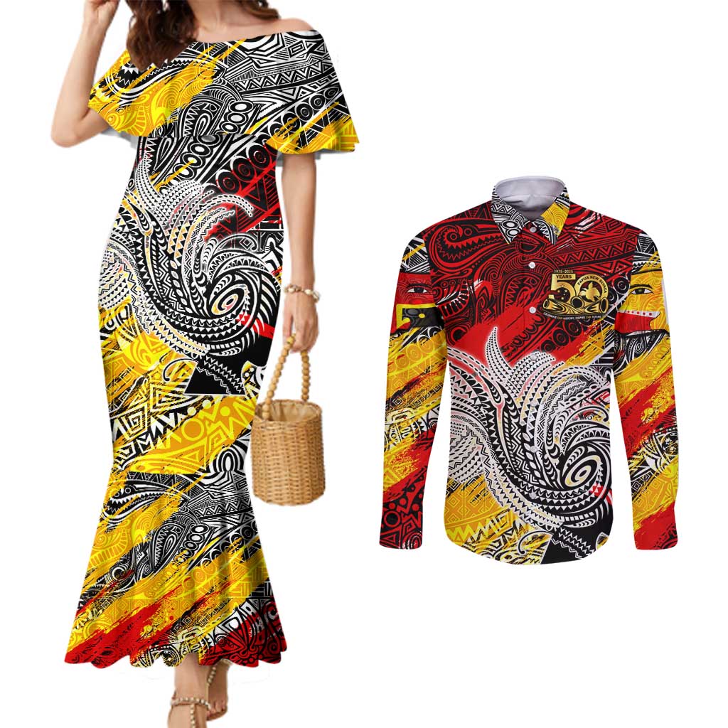 Papua New Guinea 50th Independence Day Couples Matching Mermaid Dress and Long Sleeve Button Shirt Celebrate Our History, Inspire Our Future