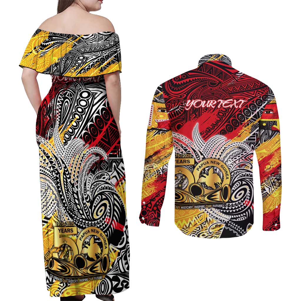 Papua New Guinea 50th Independence Day Couples Matching Off Shoulder Maxi Dress and Long Sleeve Button Shirt Celebrate Our History, Inspire Our Future