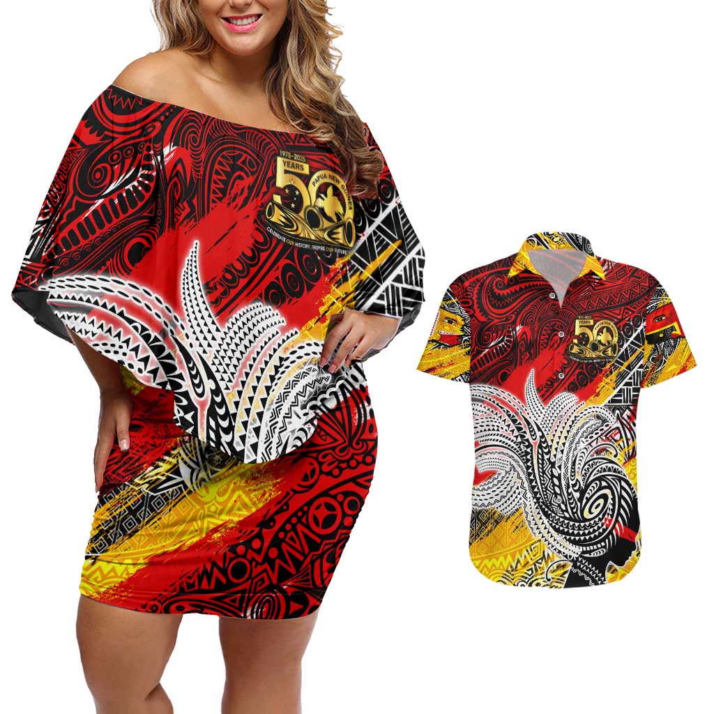 Papua New Guinea 50th Independence Day Couples Matching Off Shoulder Short Dress and Hawaiian Shirt Celebrate Our History, Inspire Our Future