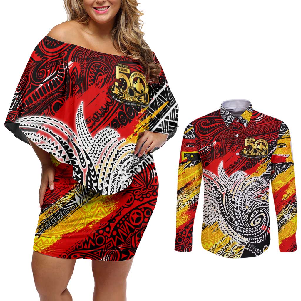 Papua New Guinea 50th Independence Day Couples Matching Off Shoulder Short Dress and Long Sleeve Button Shirt Celebrate Our History, Inspire Our Future