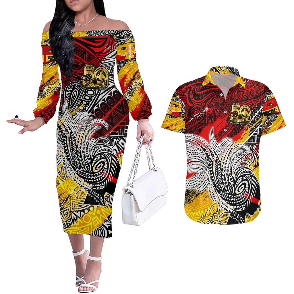 Papua New Guinea 50th Independence Day Couples Matching Off The Shoulder Long Sleeve Dress and Hawaiian Shirt Celebrate Our History, Inspire Our Future