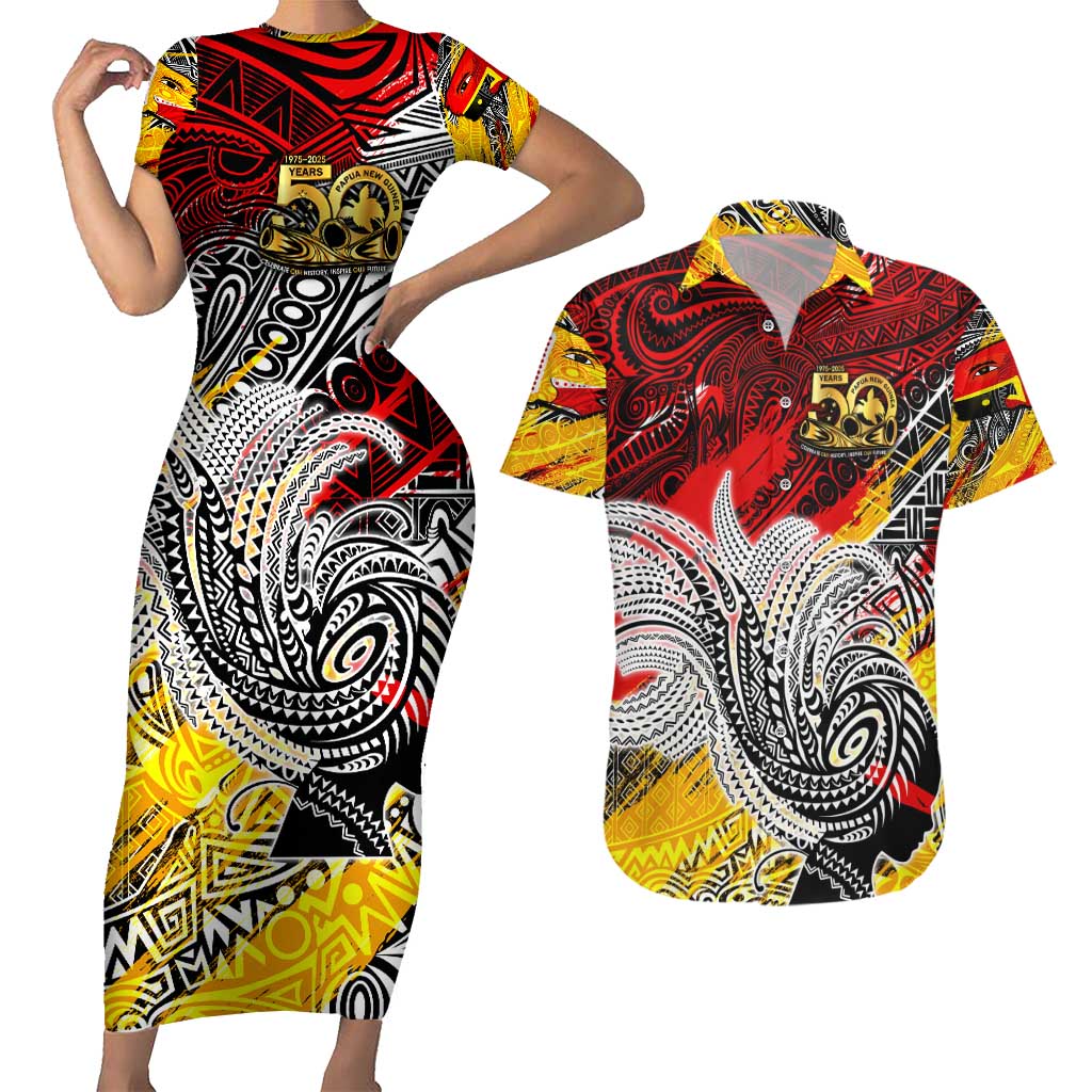 Papua New Guinea 50th Independence Day Couples Matching Short Sleeve Bodycon Dress and Hawaiian Shirt Celebrate Our History, Inspire Our Future