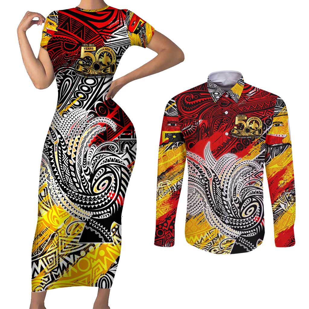 Papua New Guinea 50th Independence Day Couples Matching Short Sleeve Bodycon Dress and Long Sleeve Button Shirt Celebrate Our History, Inspire Our Future