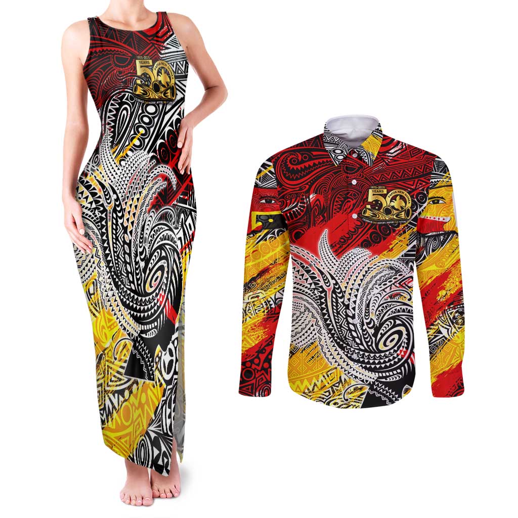 Papua New Guinea 50th Independence Day Couples Matching Tank Maxi Dress and Long Sleeve Button Shirt Celebrate Our History, Inspire Our Future