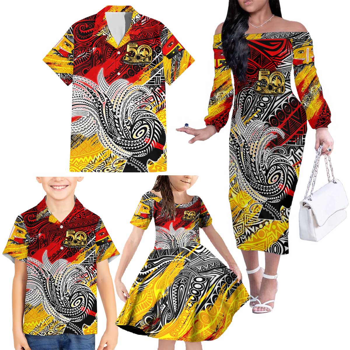 Papua New Guinea 50th Independence Day Family Matching Off The Shoulder Long Sleeve Dress and Hawaiian Shirt Celebrate Our History, Inspire Our Future