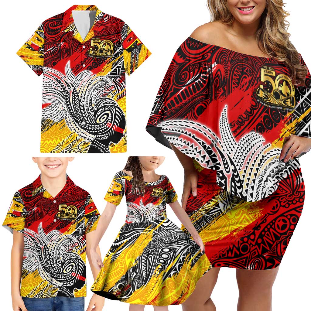Papua New Guinea 50th Independence Day Family Matching Off Shoulder Short Dress and Hawaiian Shirt Celebrate Our History, Inspire Our Future