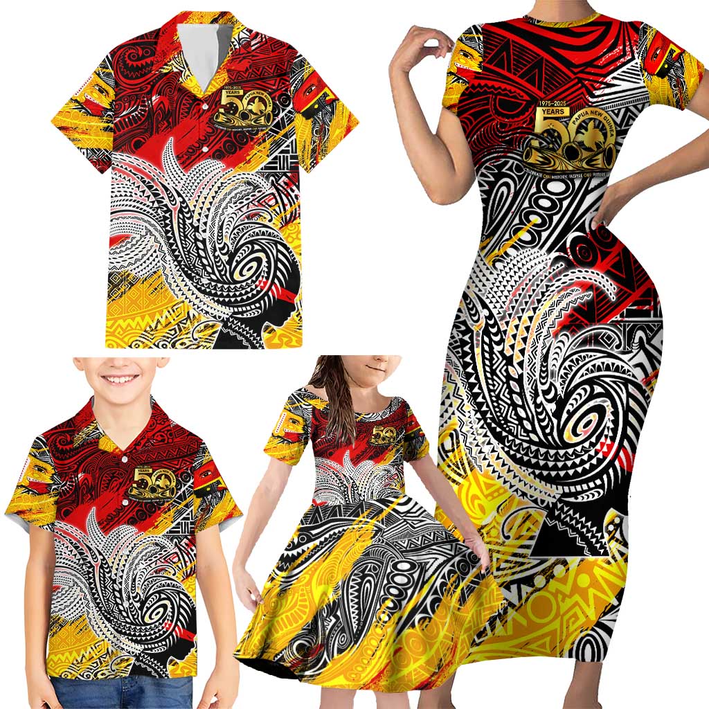 Papua New Guinea 50th Independence Day Family Matching Short Sleeve Bodycon Dress and Hawaiian Shirt Celebrate Our History, Inspire Our Future
