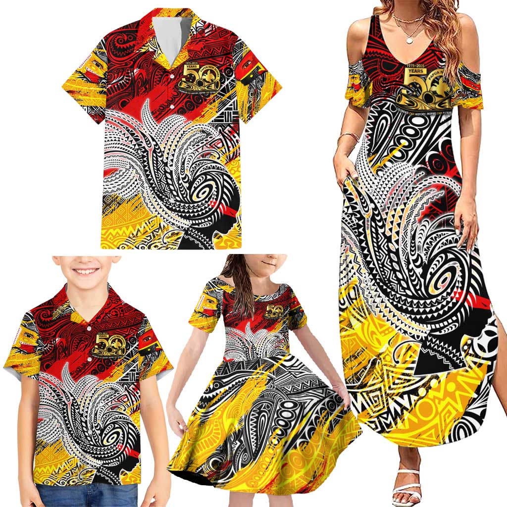 Papua New Guinea 50th Independence Day Family Matching Summer Maxi Dress and Hawaiian Shirt Celebrate Our History, Inspire Our Future