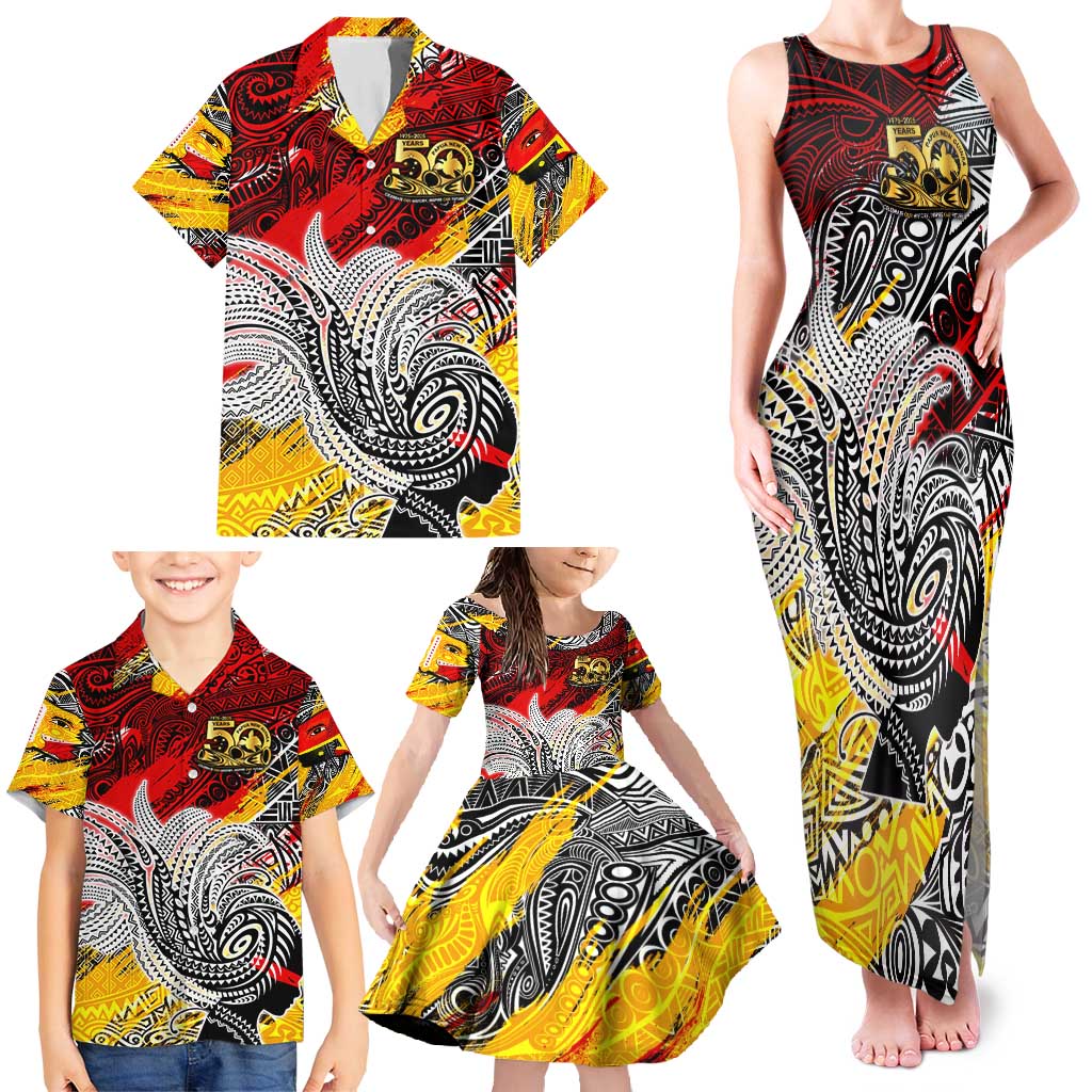 Papua New Guinea 50th Independence Day Family Matching Tank Maxi Dress and Hawaiian Shirt Celebrate Our History, Inspire Our Future