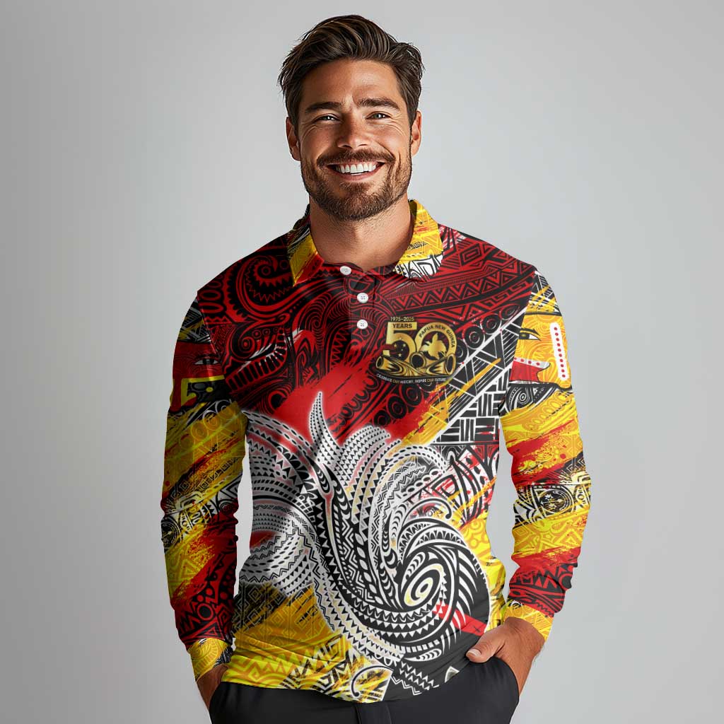 Papua New Guinea 50th Independence Day Long Sleeve Polo Shirt Celebrate Our History, Inspire Our Future
