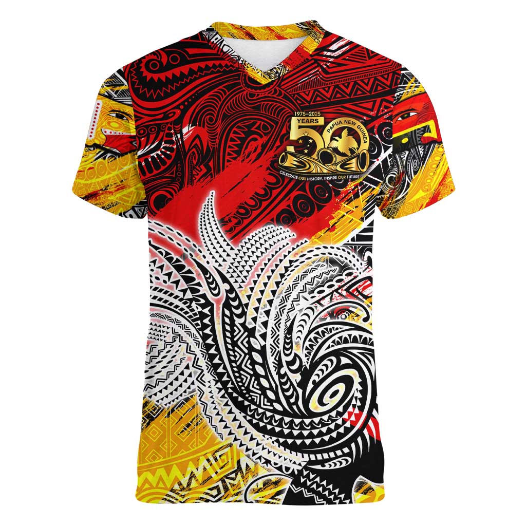 Papua New Guinea 50th Independence Day Women V-Neck T-Shirt Celebrate Our History, Inspire Our Future