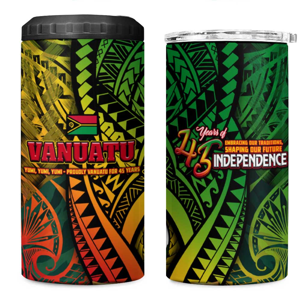 Vanuatu 45th Independence Anniversary 4 in 1 Can Cooler Tumbler Embracing Our Traditions Shaping Our Future