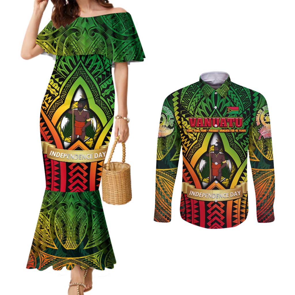 Vanuatu 45th Independence Anniversary Couples Matching Mermaid Dress and Long Sleeve Button Shirt Embracing Our Traditions Shaping Our Future