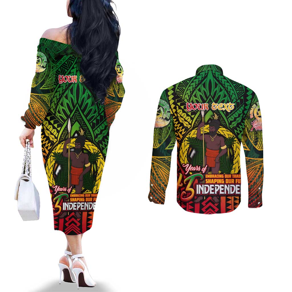 Vanuatu 45th Independence Anniversary Couples Matching Off The Shoulder Long Sleeve Dress and Long Sleeve Button Shirt Embracing Our Traditions Shaping Our Future