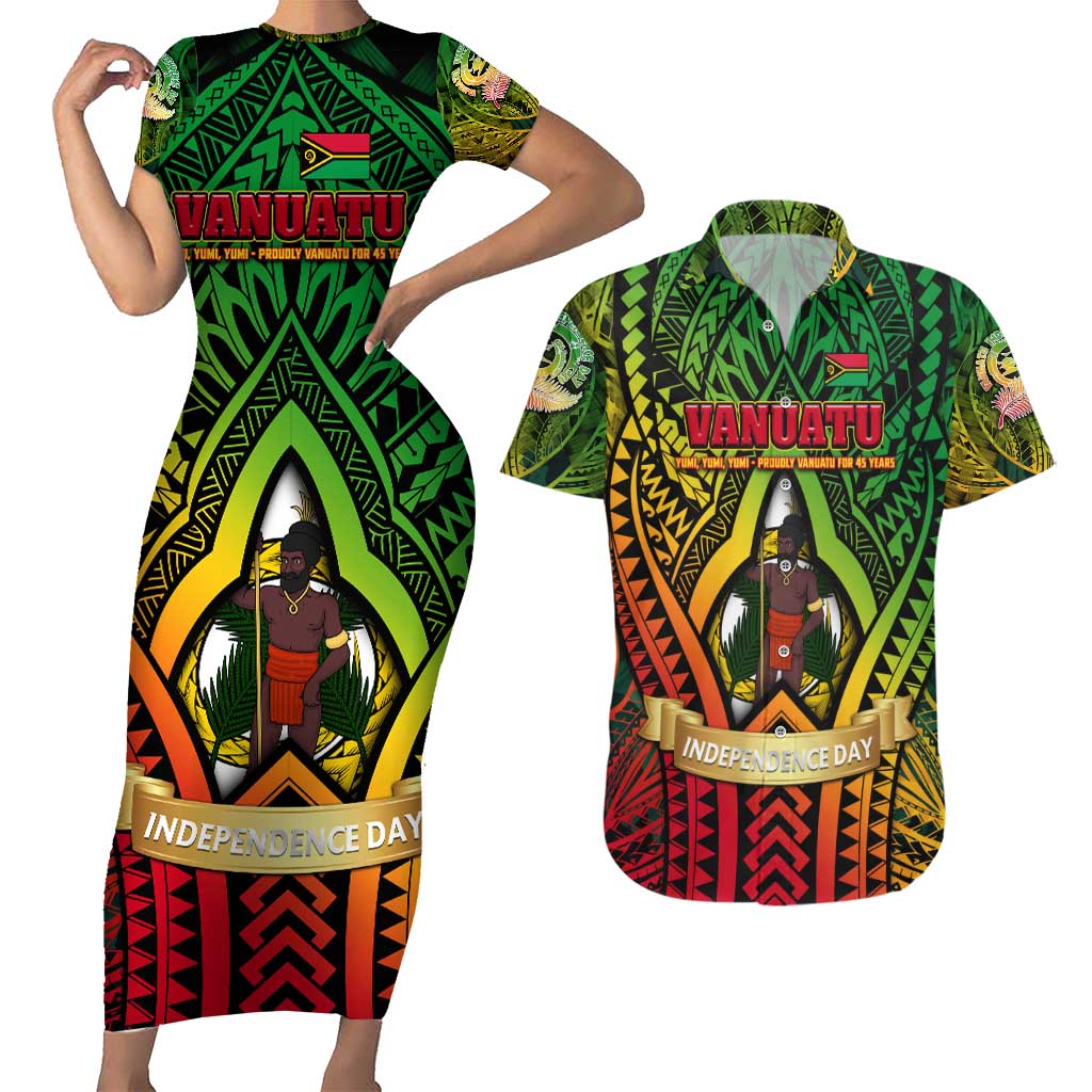 Vanuatu 45th Independence Anniversary Couples Matching Short Sleeve Bodycon Dress and Hawaiian Shirt Embracing Our Traditions Shaping Our Future