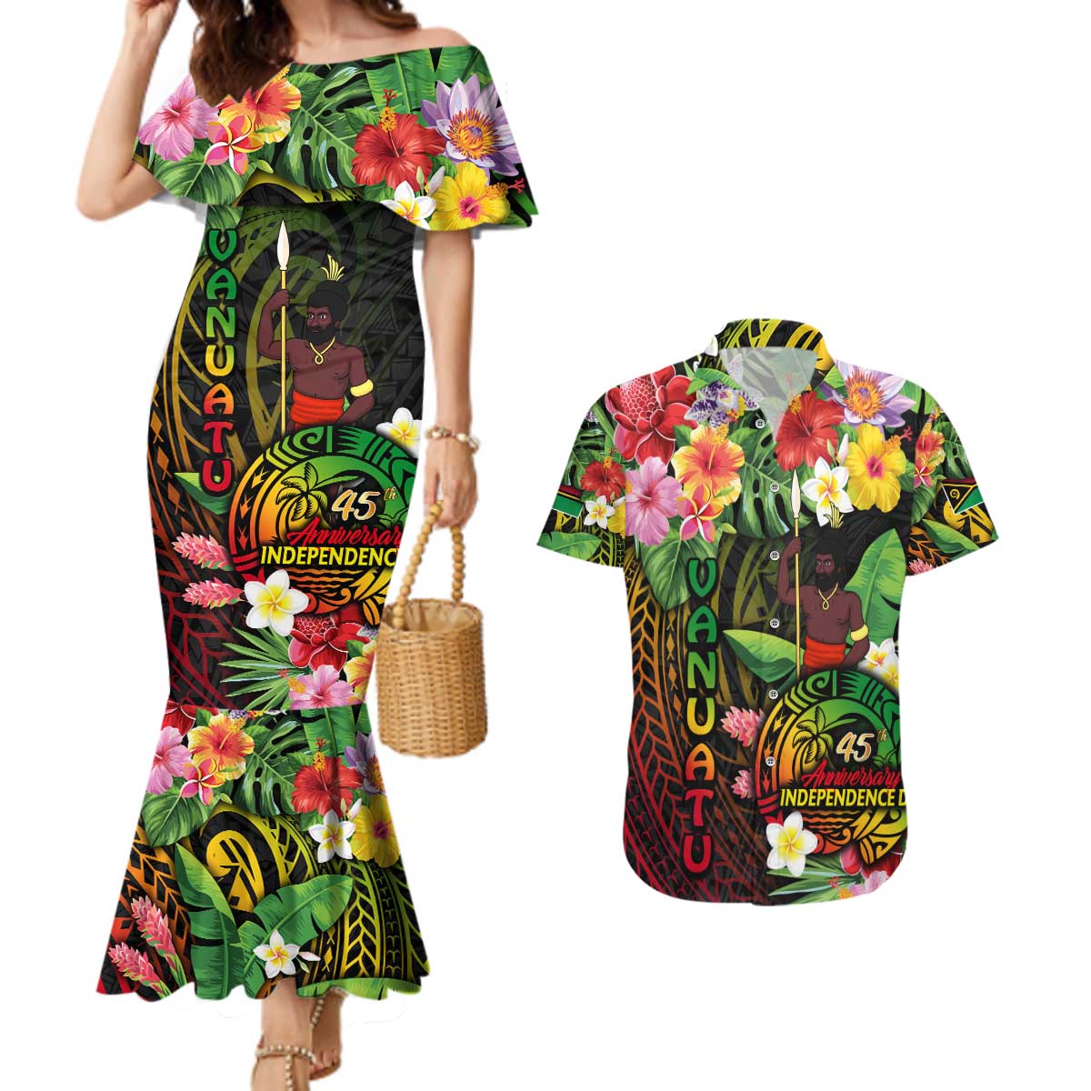 45th Anniversary of Freedom Vanuatu Couples Matching Mermaid Dress and Hawaiian Shirt Island Pride Cultural Power Pacific Unity