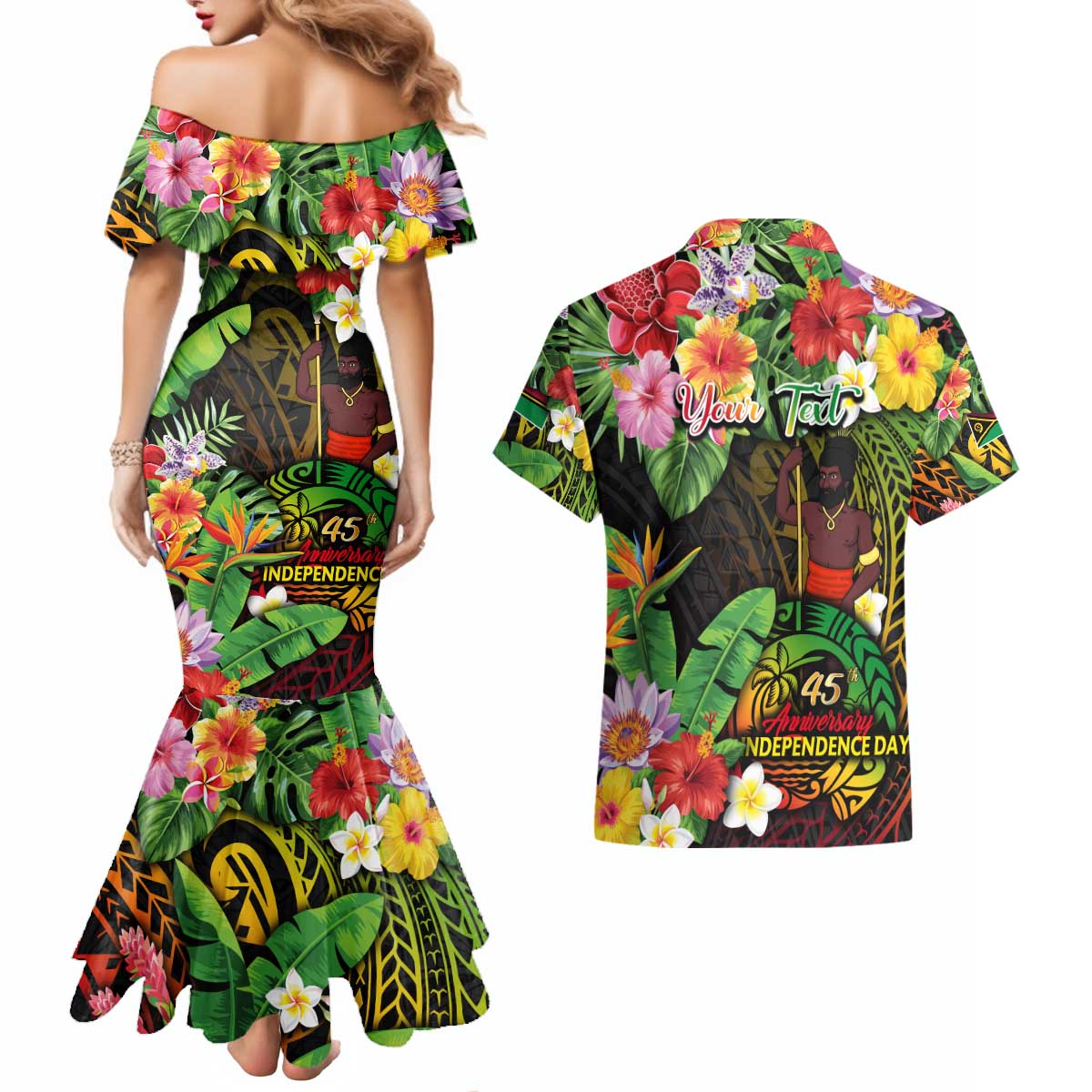 45th Anniversary of Freedom Vanuatu Couples Matching Mermaid Dress and Hawaiian Shirt Island Pride Cultural Power Pacific Unity