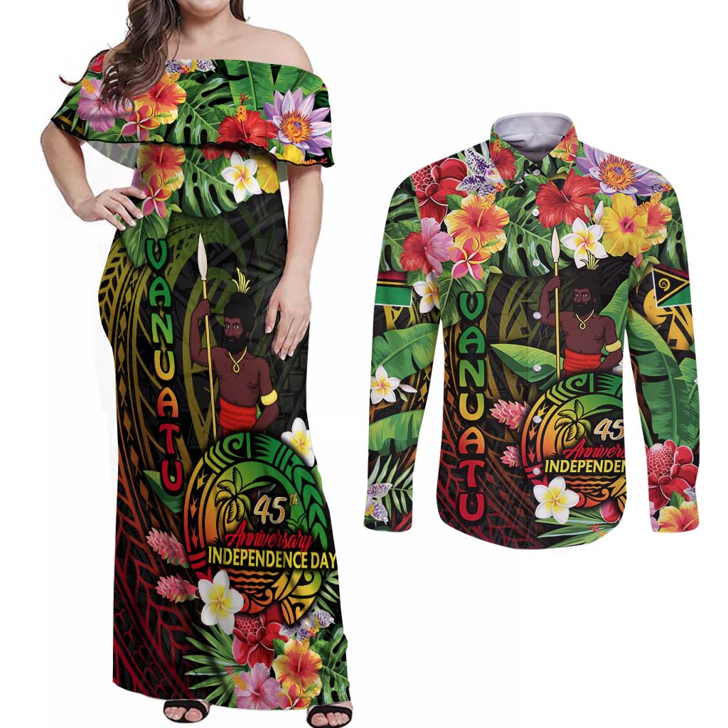 45th Anniversary of Freedom Vanuatu Couples Matching Off Shoulder Maxi Dress and Long Sleeve Button Shirt Island Pride Cultural Power Pacific Unity DT02 Art - Polynesian Pride