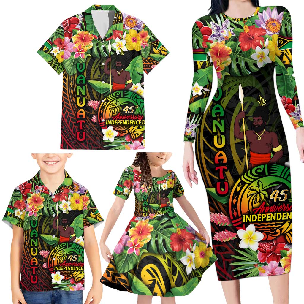45th Anniversary of Freedom Vanuatu Family Matching Long Sleeve Bodycon Dress and Hawaiian Shirt Island Pride Cultural Power Pacific Unity