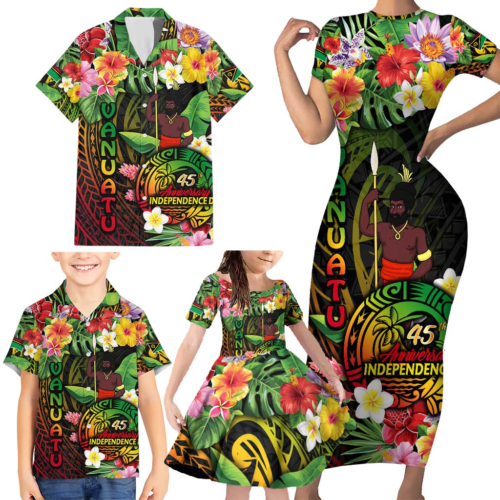 45th Anniversary of Freedom Vanuatu Family Matching Short Sleeve Bodycon Dress and Hawaiian Shirt Island Pride Cultural Power Pacific Unity