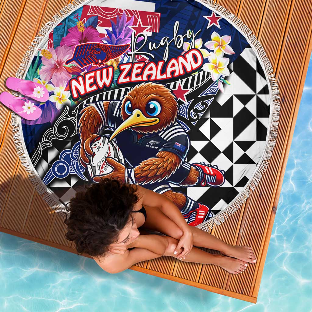 Kiwi New Zealand Rugby Beach Blanket Kiwis Mascot Tropical Pattern