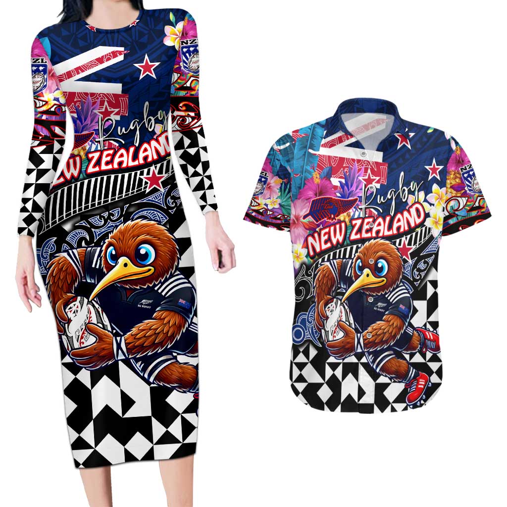 Personalized Kiwi New Zealand Rugby Couples Matching Long Sleeve Bodycon Dress and Hawaiian Shirt Kiwis Mascot Tropical Pattern