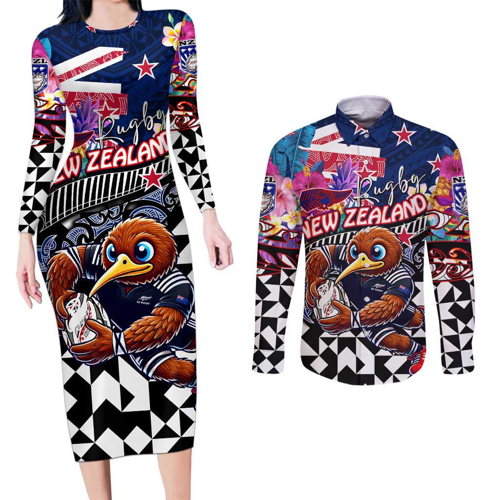 Personalized Kiwi New Zealand Rugby Couples Matching Long Sleeve Bodycon Dress and Long Sleeve Button Shirt Kiwis Mascot Tropical Pattern