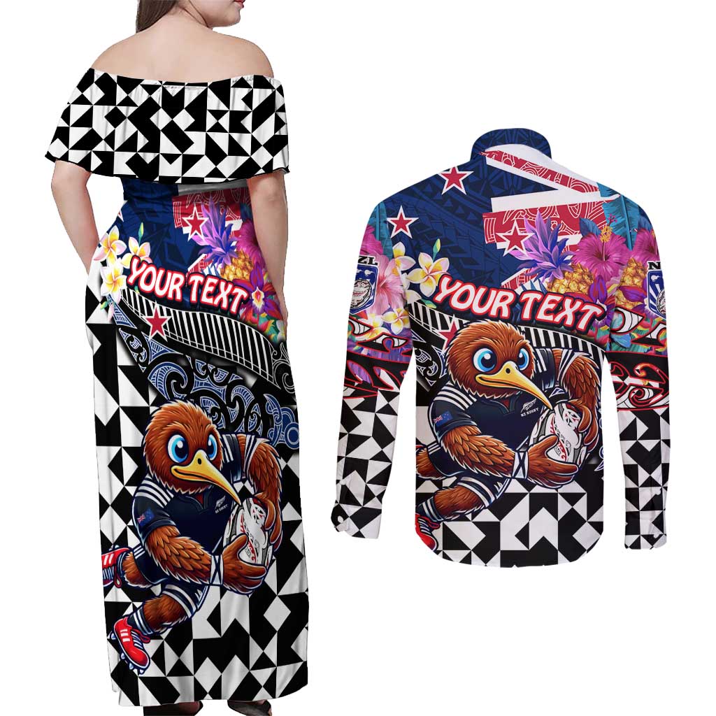 Personalized Kiwi New Zealand Rugby Couples Matching Off Shoulder Maxi Dress and Long Sleeve Button Shirt Kiwis Mascot Tropical Pattern