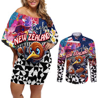 Personalized Kiwi New Zealand Rugby Couples Matching Off Shoulder Short Dress and Long Sleeve Button Shirt Kiwis Mascot Tropical Pattern
