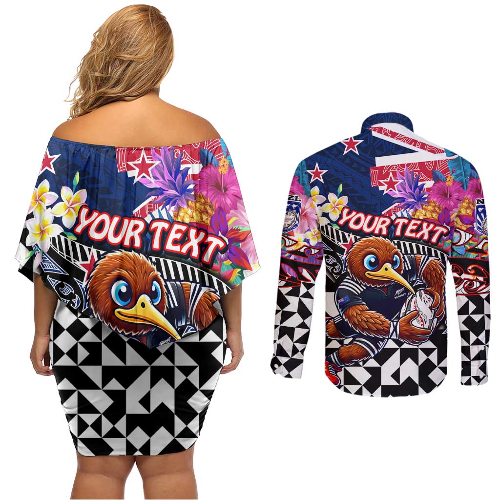 Personalized Kiwi New Zealand Rugby Couples Matching Off Shoulder Short Dress and Long Sleeve Button Shirt Kiwis Mascot Tropical Pattern