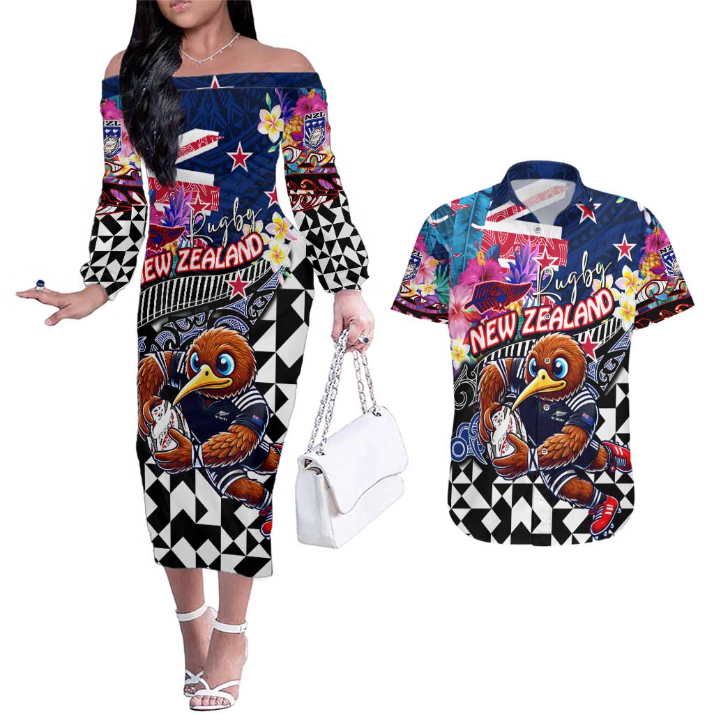 Personalized Kiwi New Zealand Rugby Couples Matching Off The Shoulder Long Sleeve Dress and Hawaiian Shirt Kiwis Mascot Tropical Pattern