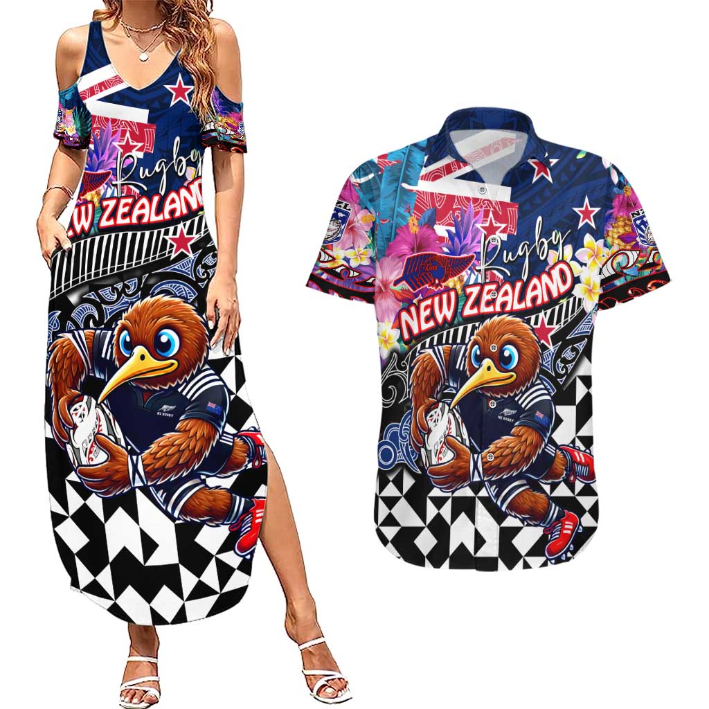 Personalized Kiwi New Zealand Rugby Couples Matching Summer Maxi Dress and Hawaiian Shirt Kiwis Mascot Tropical Pattern